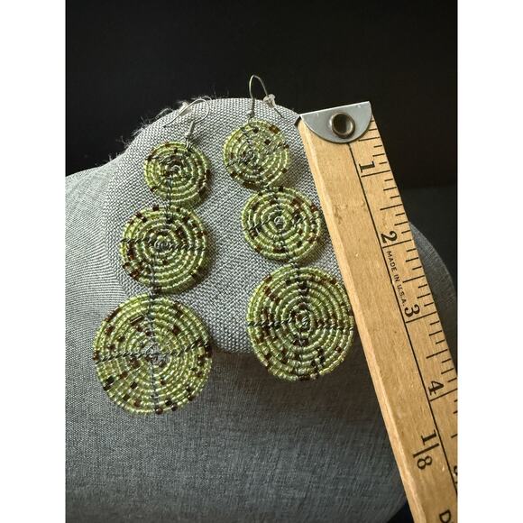 Glass Bead Rangle Drop Earrings Round Tiered Circles Green Boho Festival Artsy - Picture 3 of 4